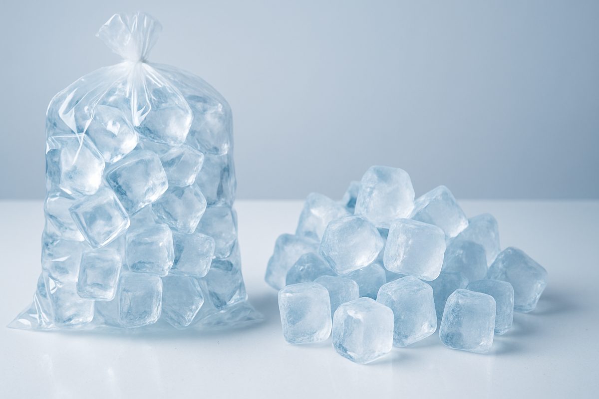 A clear 20 lb bag of ice beside a pile of loose ice cubes