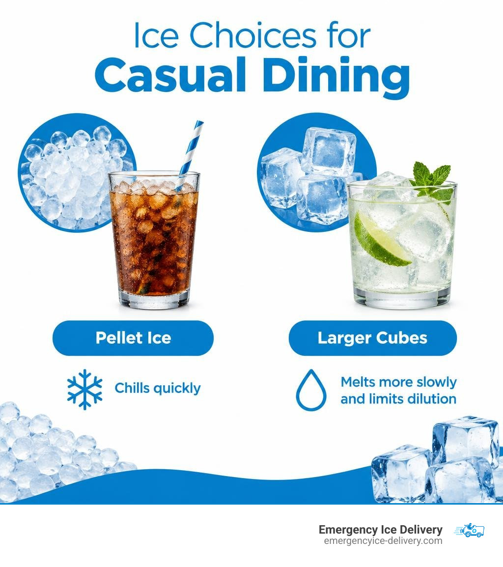 Ice choices for casual dining: pellets chill quickly; larger cubes melt more slowly and limit dilution infographic