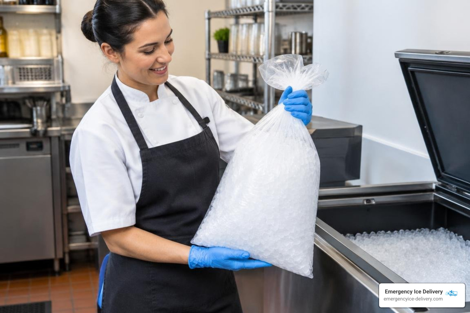 staff handling bagged pellet ice using food safe practices