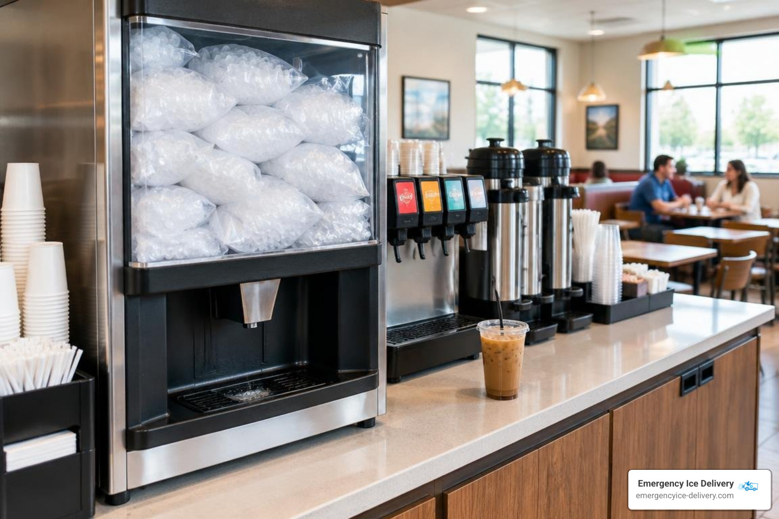 casual dining drink station with bagged pellet ice