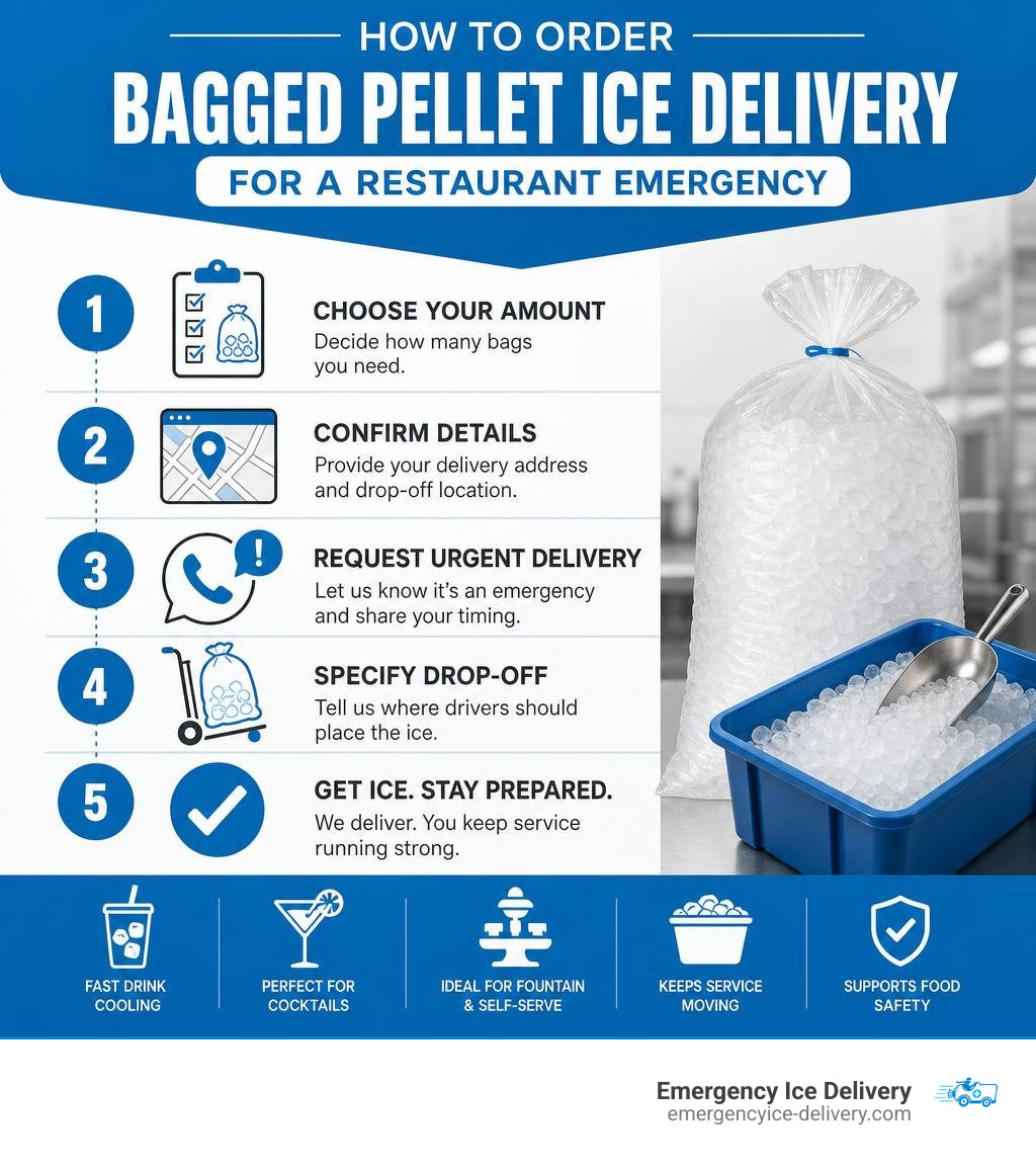 infographic showing how to order bagged pellet ice delivery for a restaurant emergency infographic
