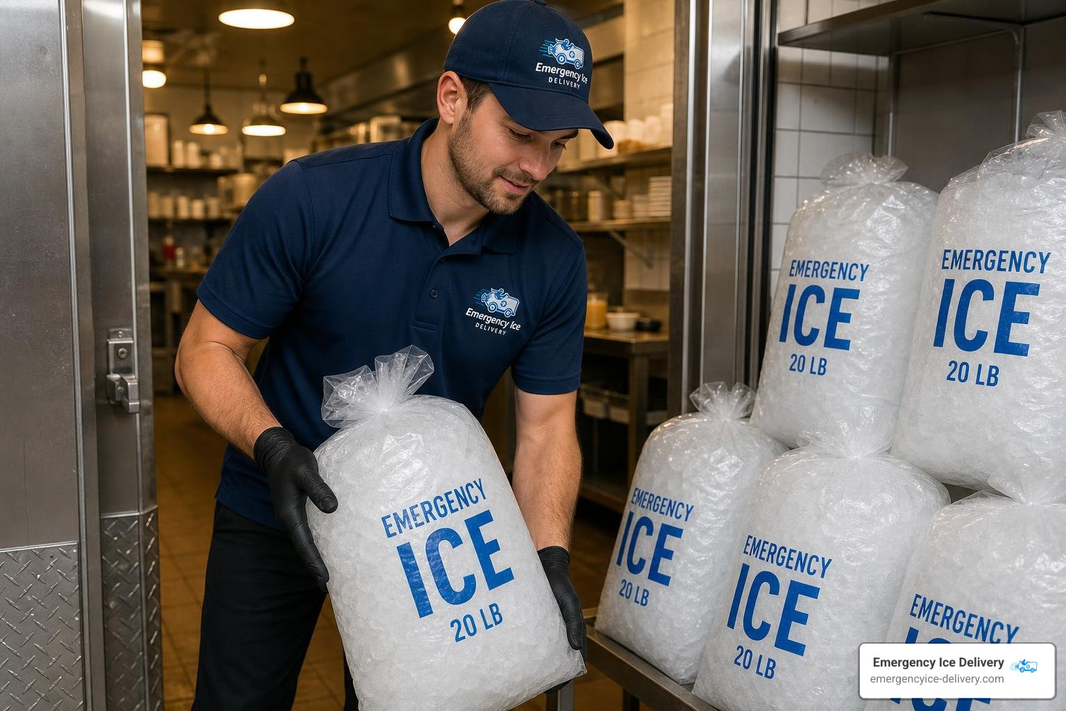 delivery driver unloading fresh 20 lb ice bags for restaurant restock