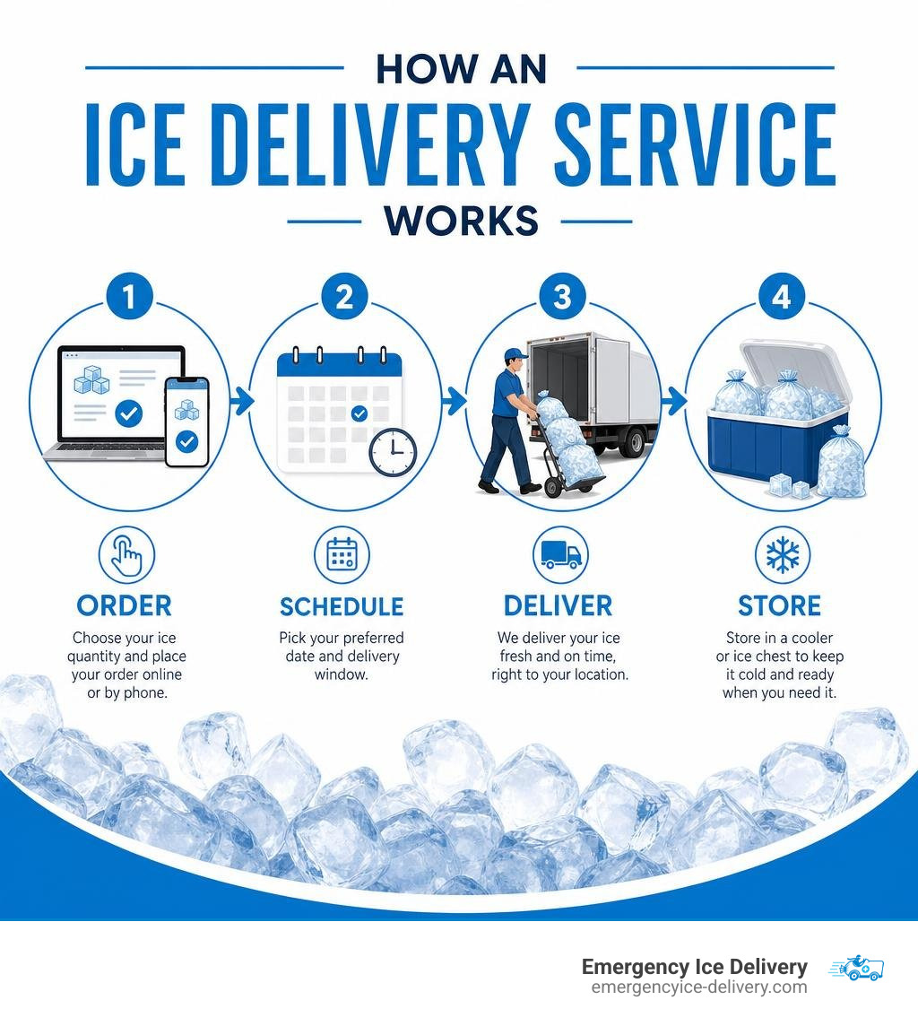 How an ice delivery service works: ordering, scheduling, delivery, and storage steps infographic