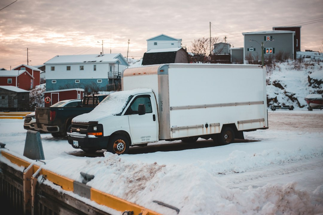 a clean delivery truck unloading ice bags at a commercial venue