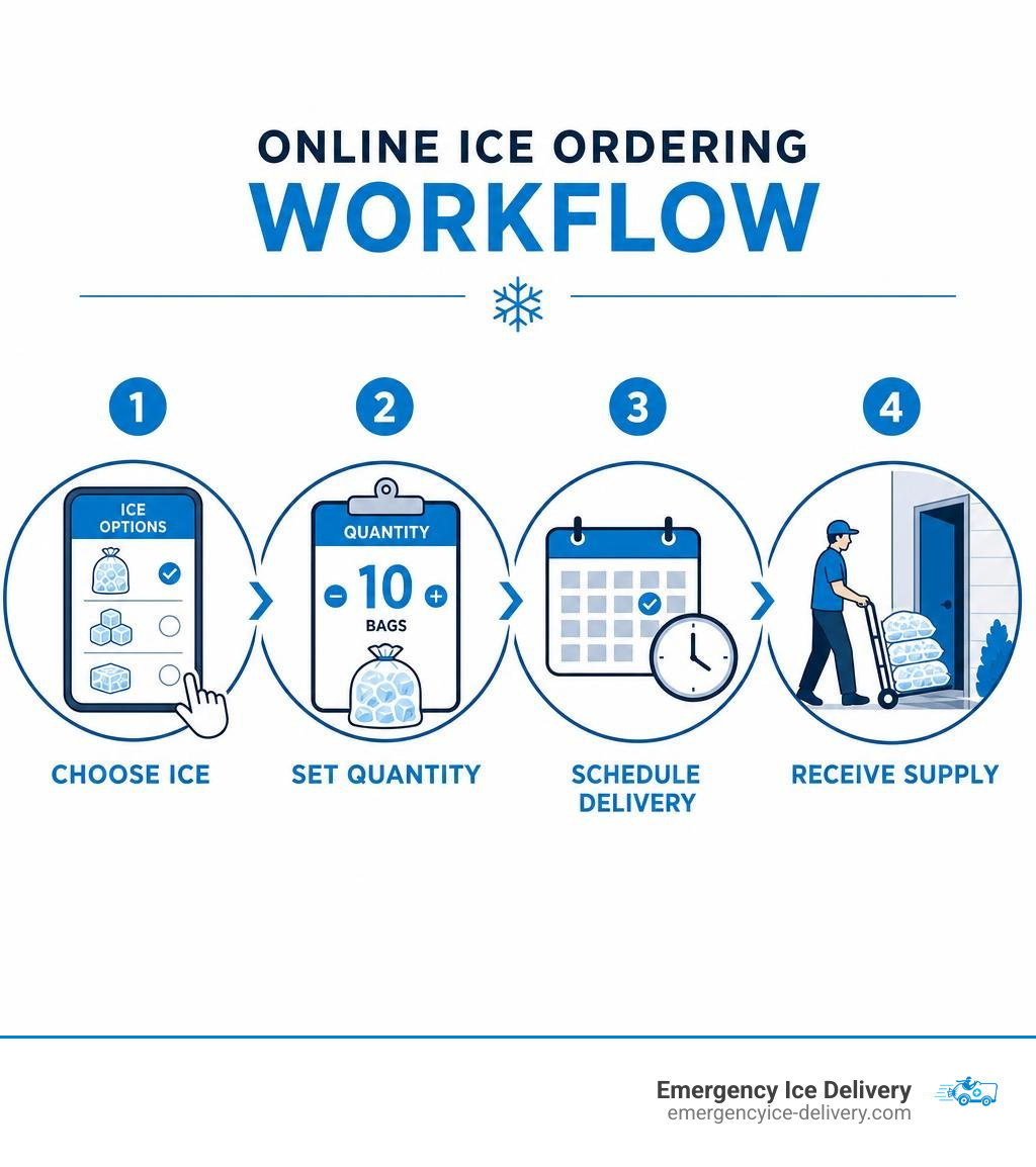Online ice ordering workflow: choose ice, set quantity, schedule delivery, receive supply infographic