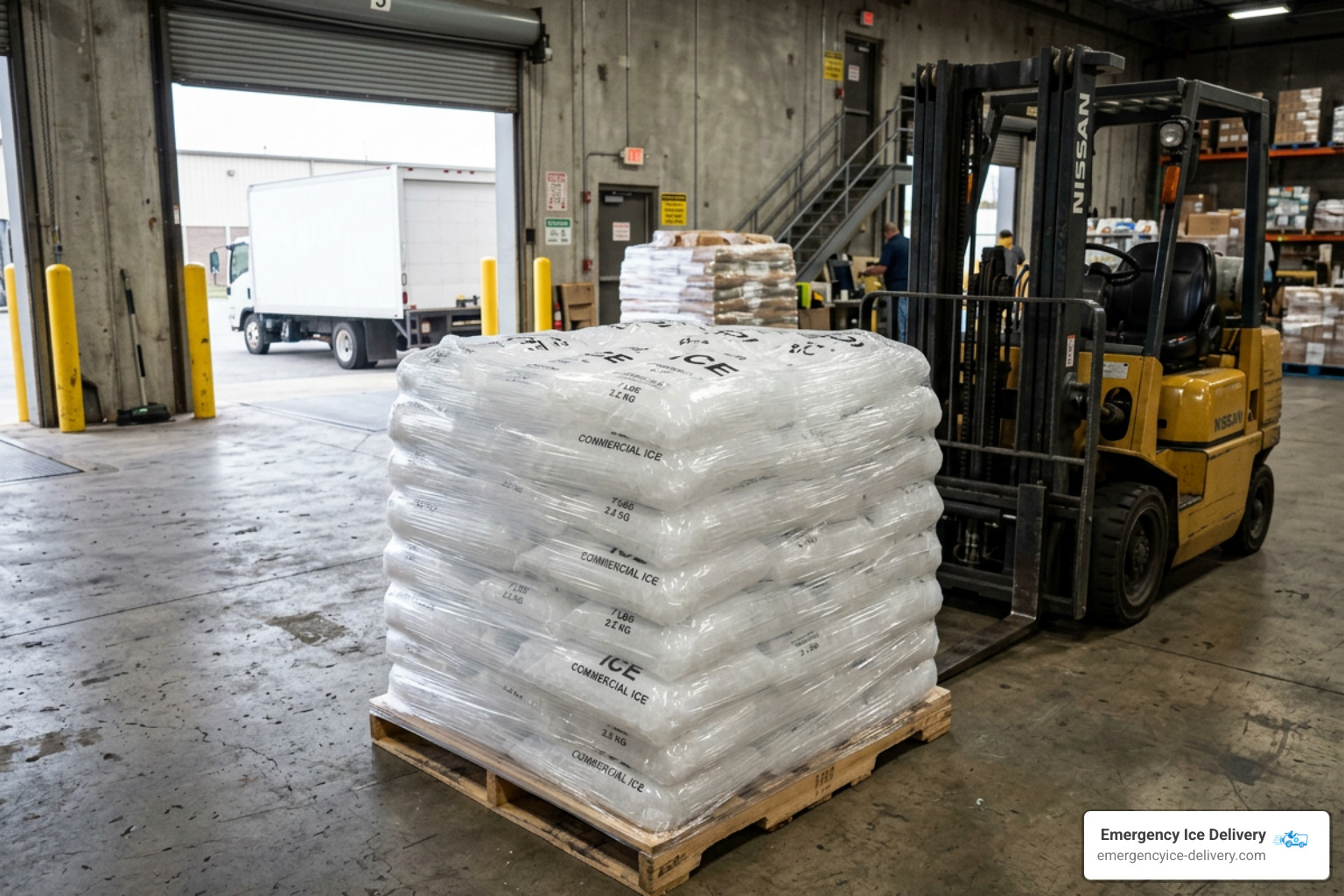 Wrapped pallet of bagged ice ready for commercial event delivery