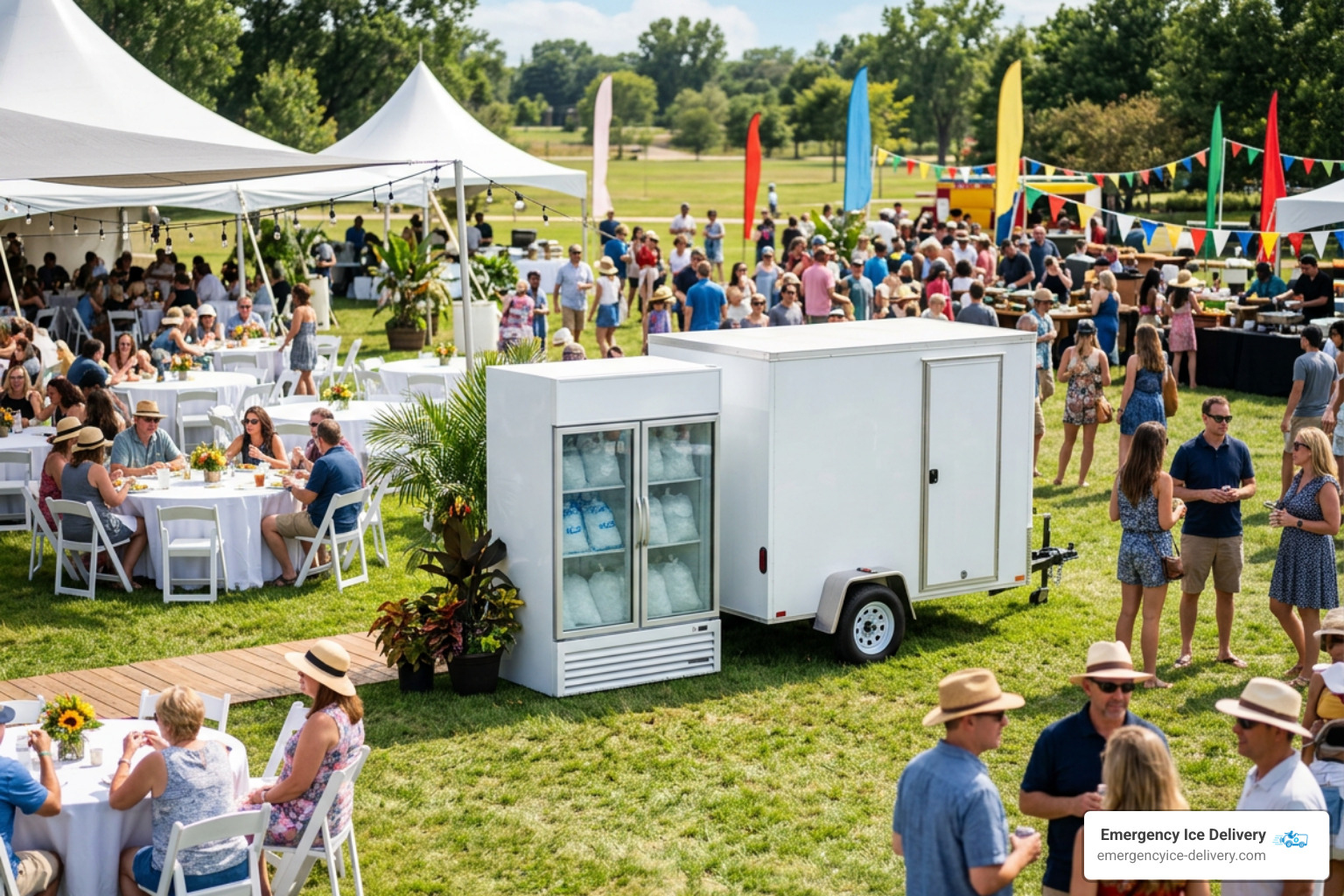 Ice merchandiser and mobile freezer unit staged at outdoor catered event