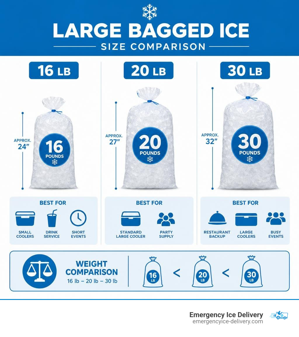 Infographic comparing 16 lb, 20 lb, and 30 lb large bagged ice sizes infographic