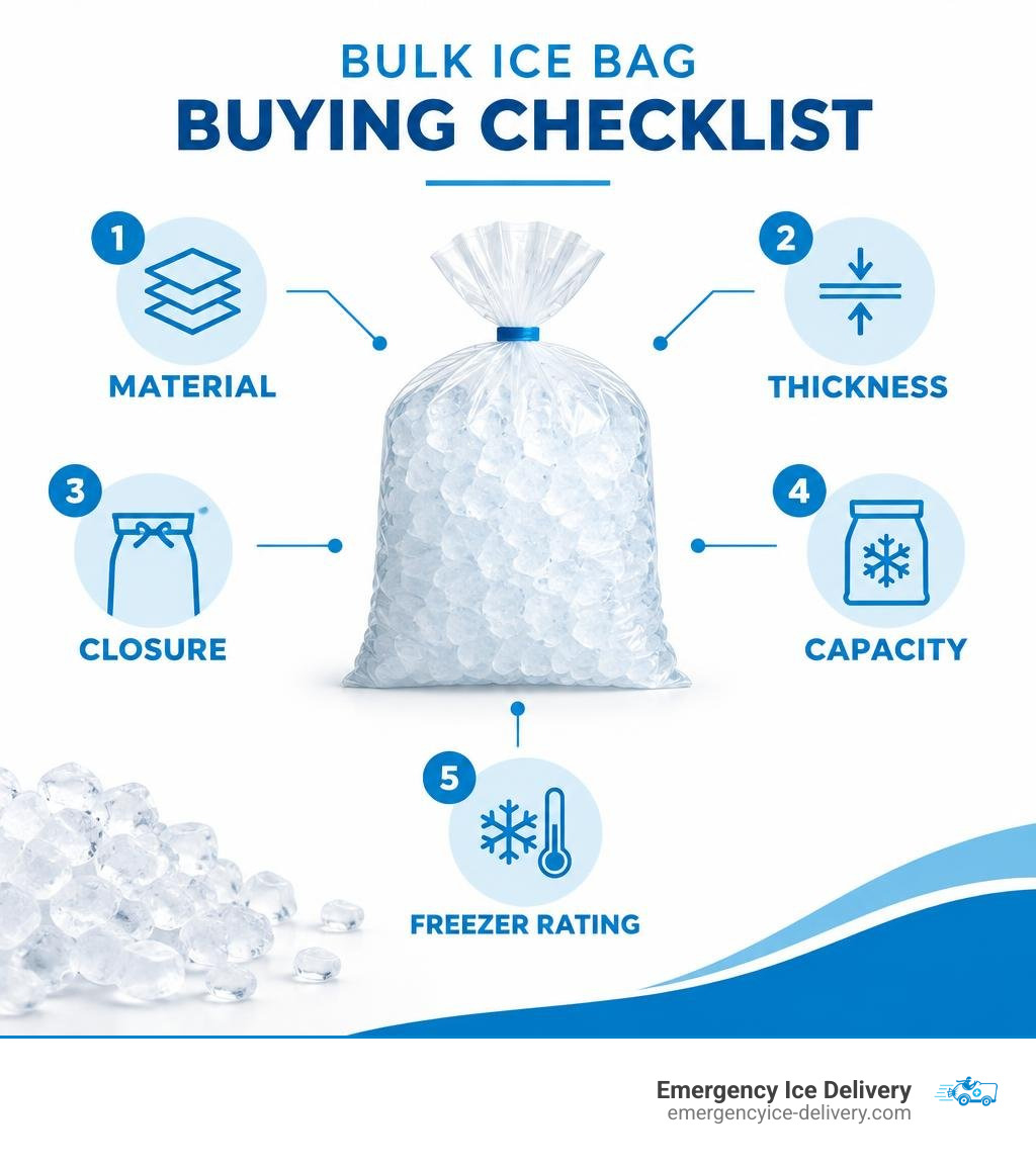bulk ice bag buying checklist: material, thickness, closure, capacity, and freezer rating infographic