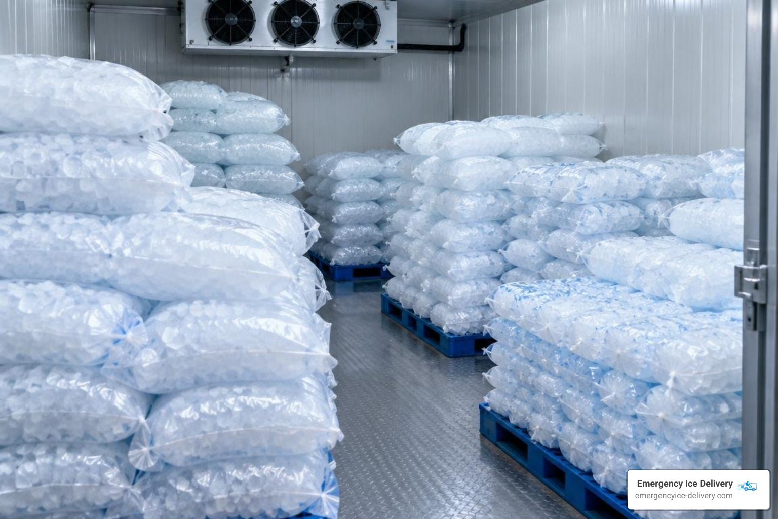 various commercial ice bag sizes stacked in a cold storage unit