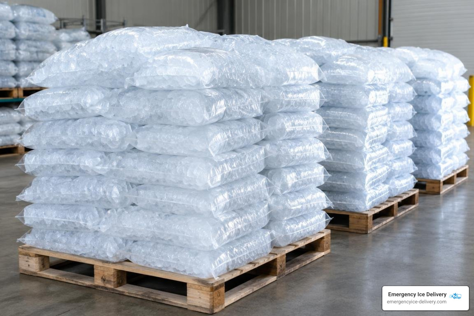 bulk ice bags organized on wooden storage pallets