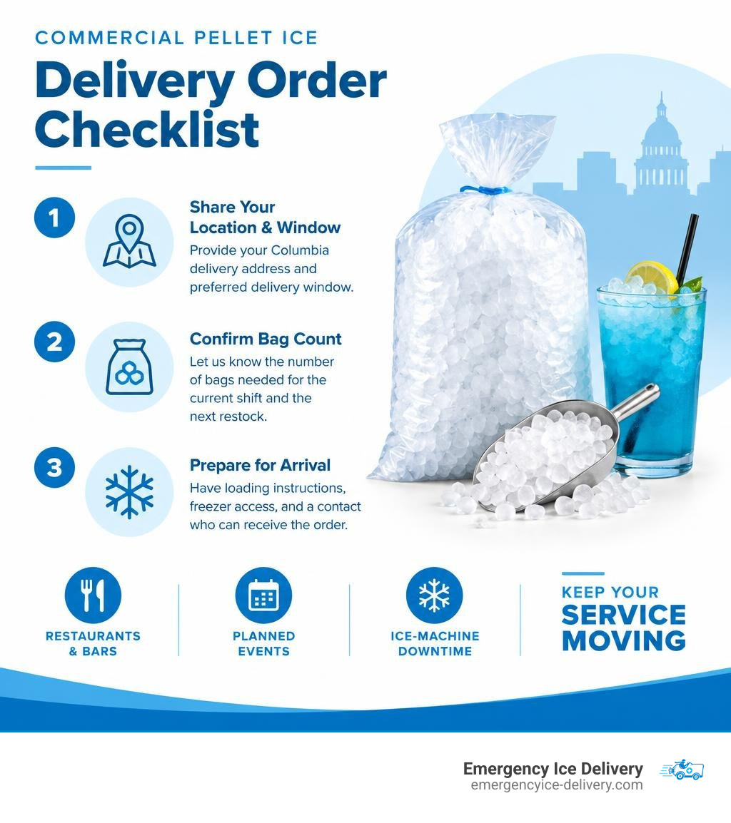 Commercial pellet ice delivery order checklist infographic