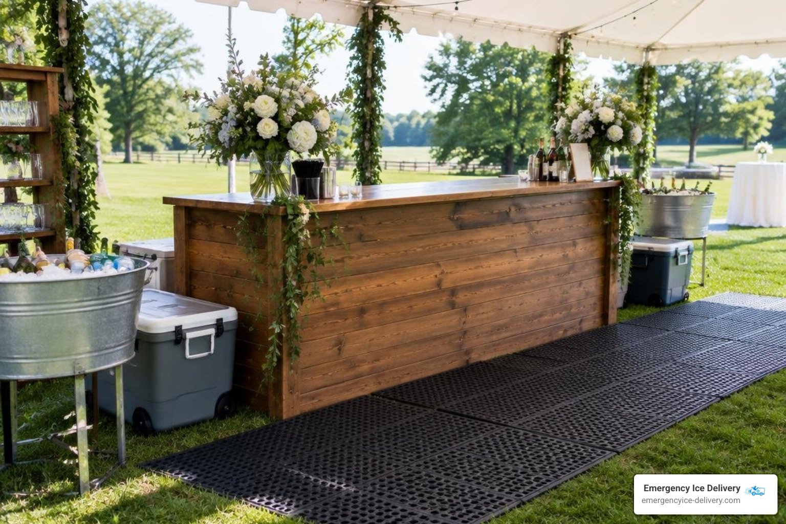 shaded outdoor bar setup with non slip floor mats