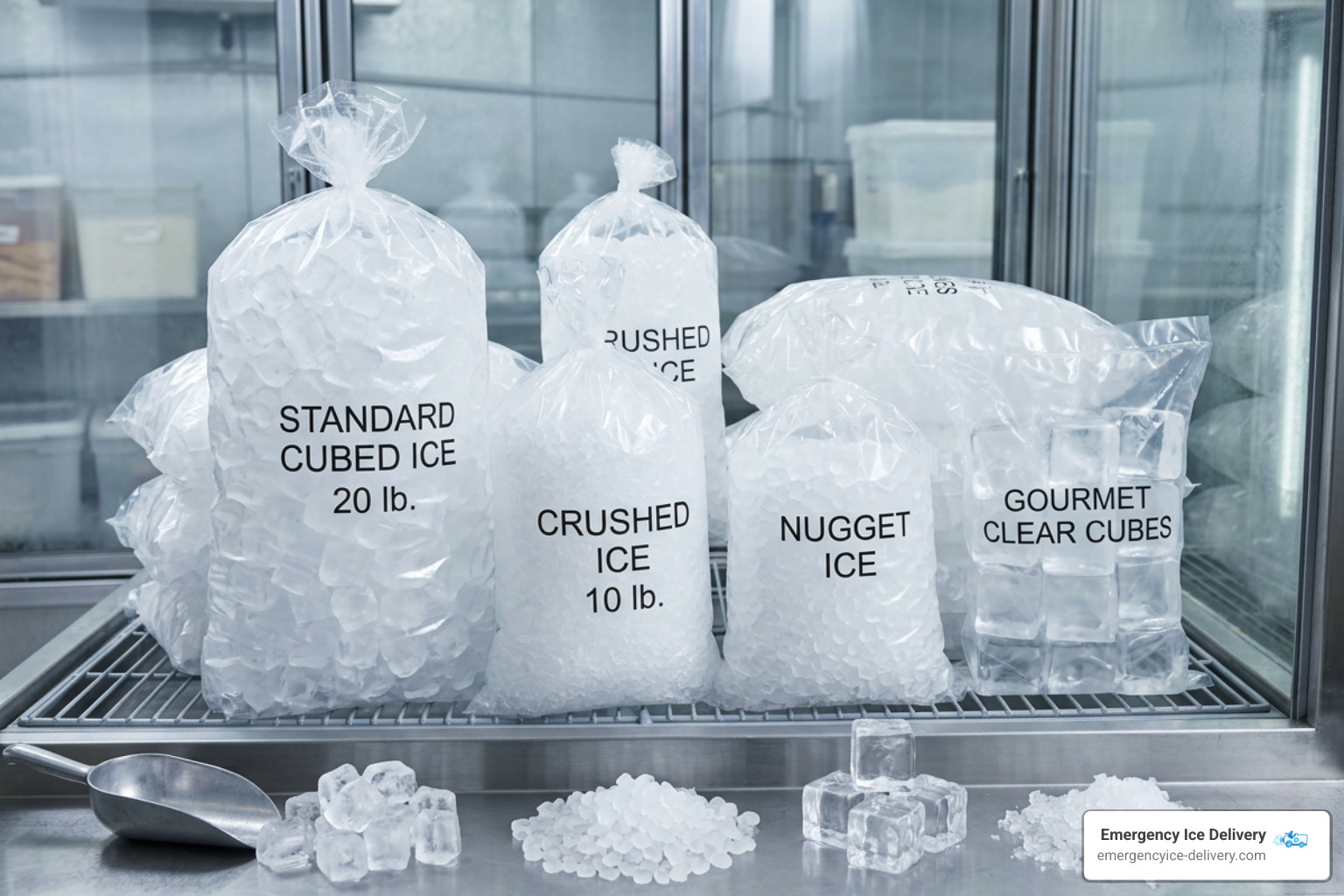 different bagged ice options and ice cube varieties