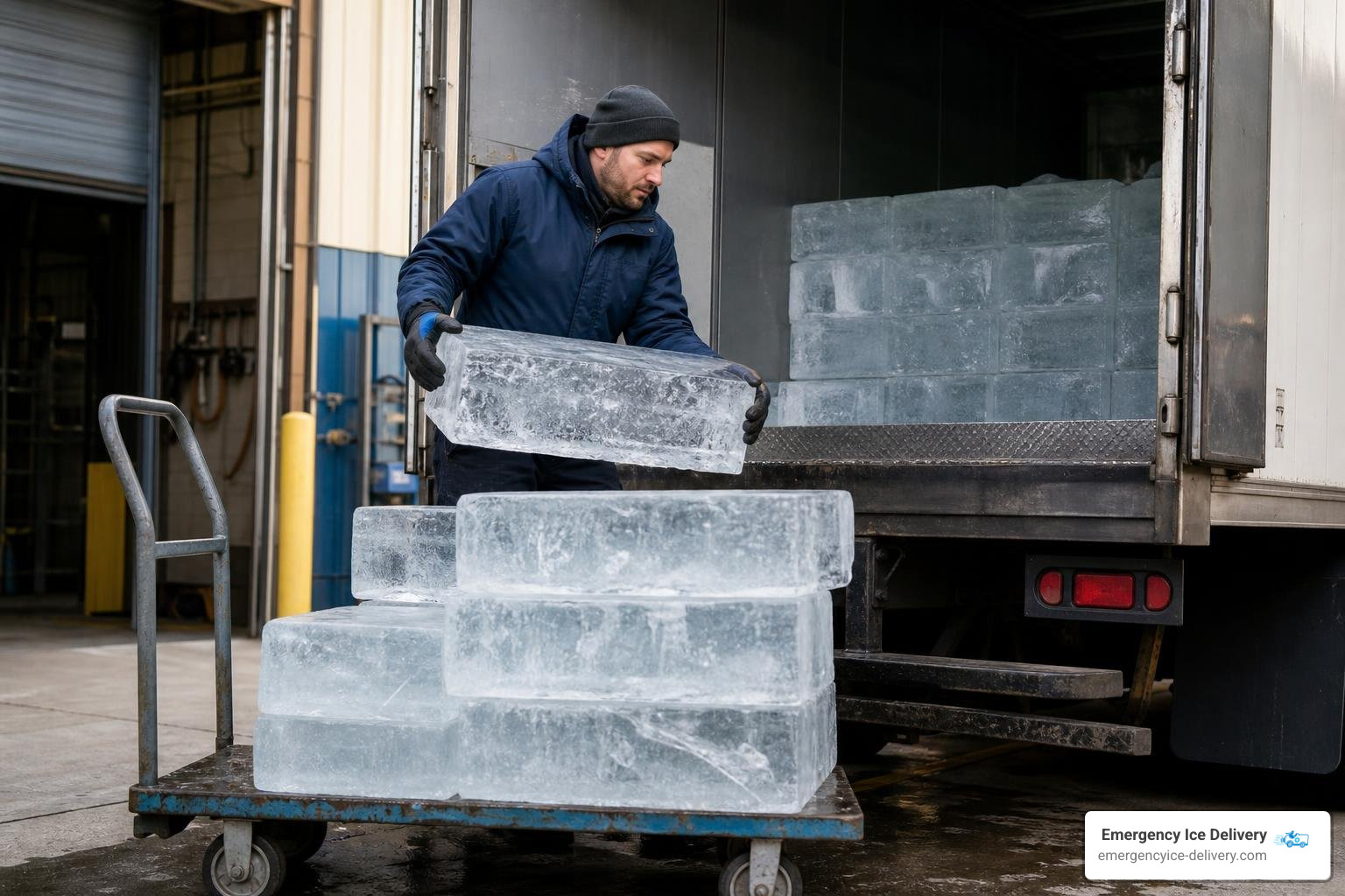 20 lb bags of pellet ice being loaded for delivery