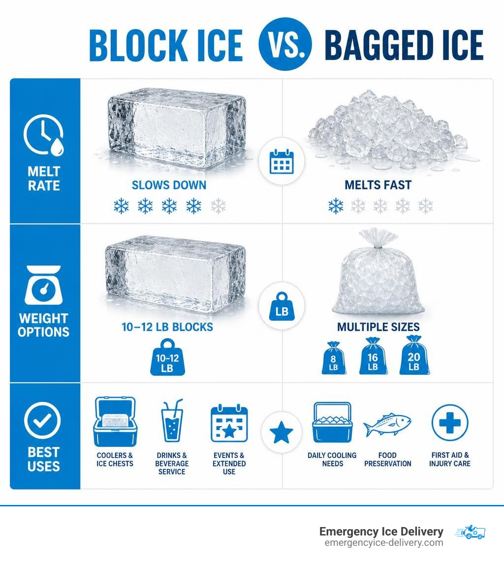 Bagged pellet ice delivery comparison infographic showing 20 lb bags, fast delivery, and best commercial uses