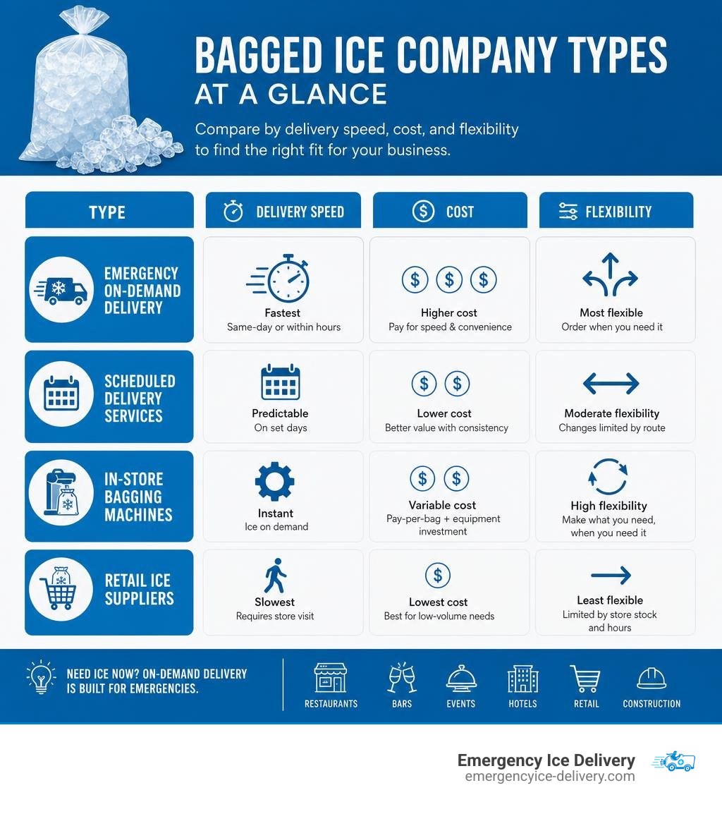 Comparison of bagged ice company types by delivery speed, cost, and flexibility for businesses