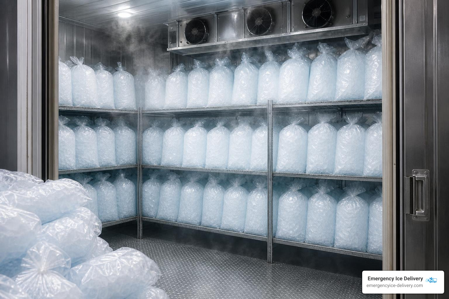 Commercial freezer stocked with bagged ice
