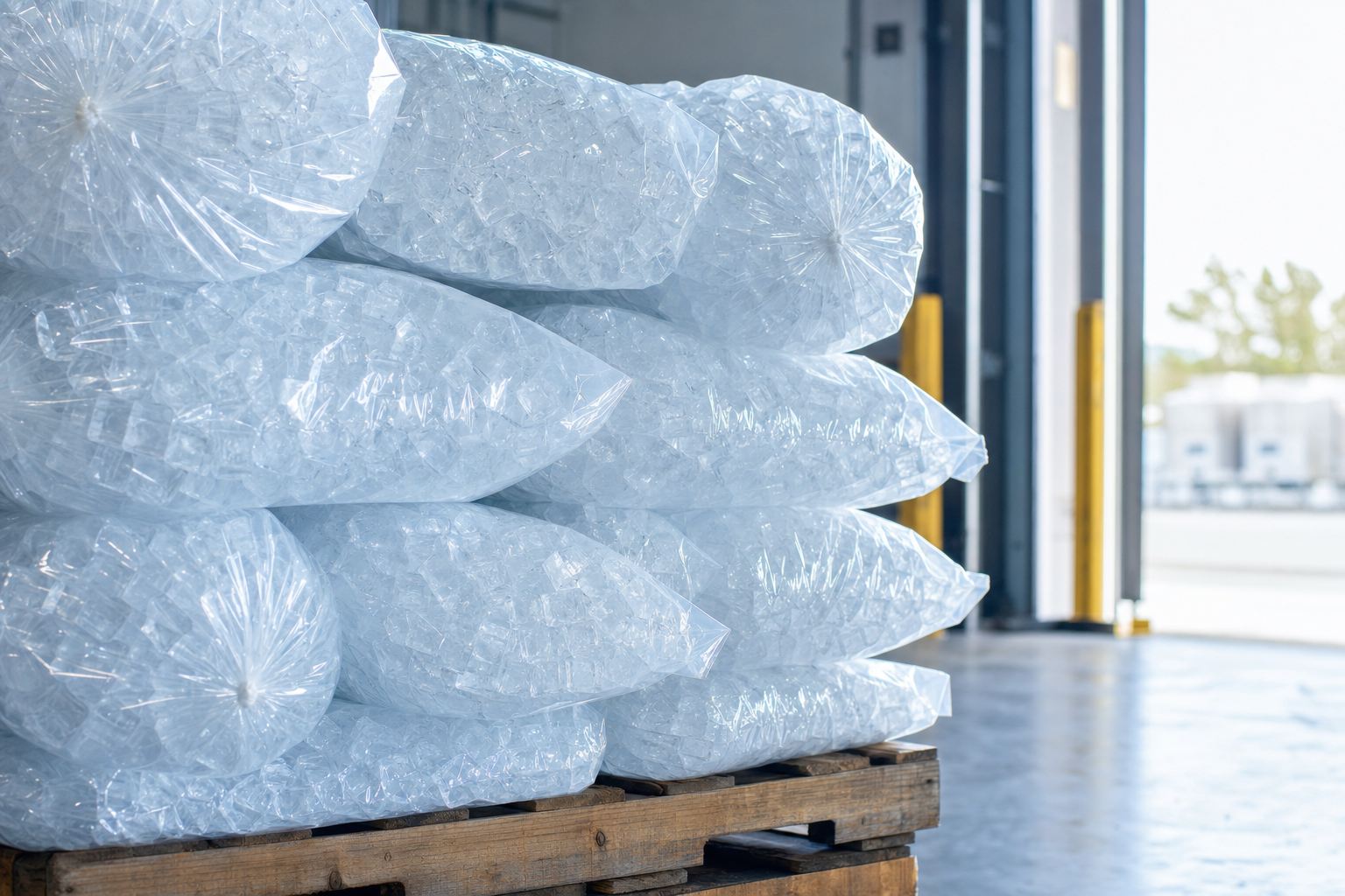 Sealed bags of restaurant-grade cubed ice stacked on a pallet in a warehouse