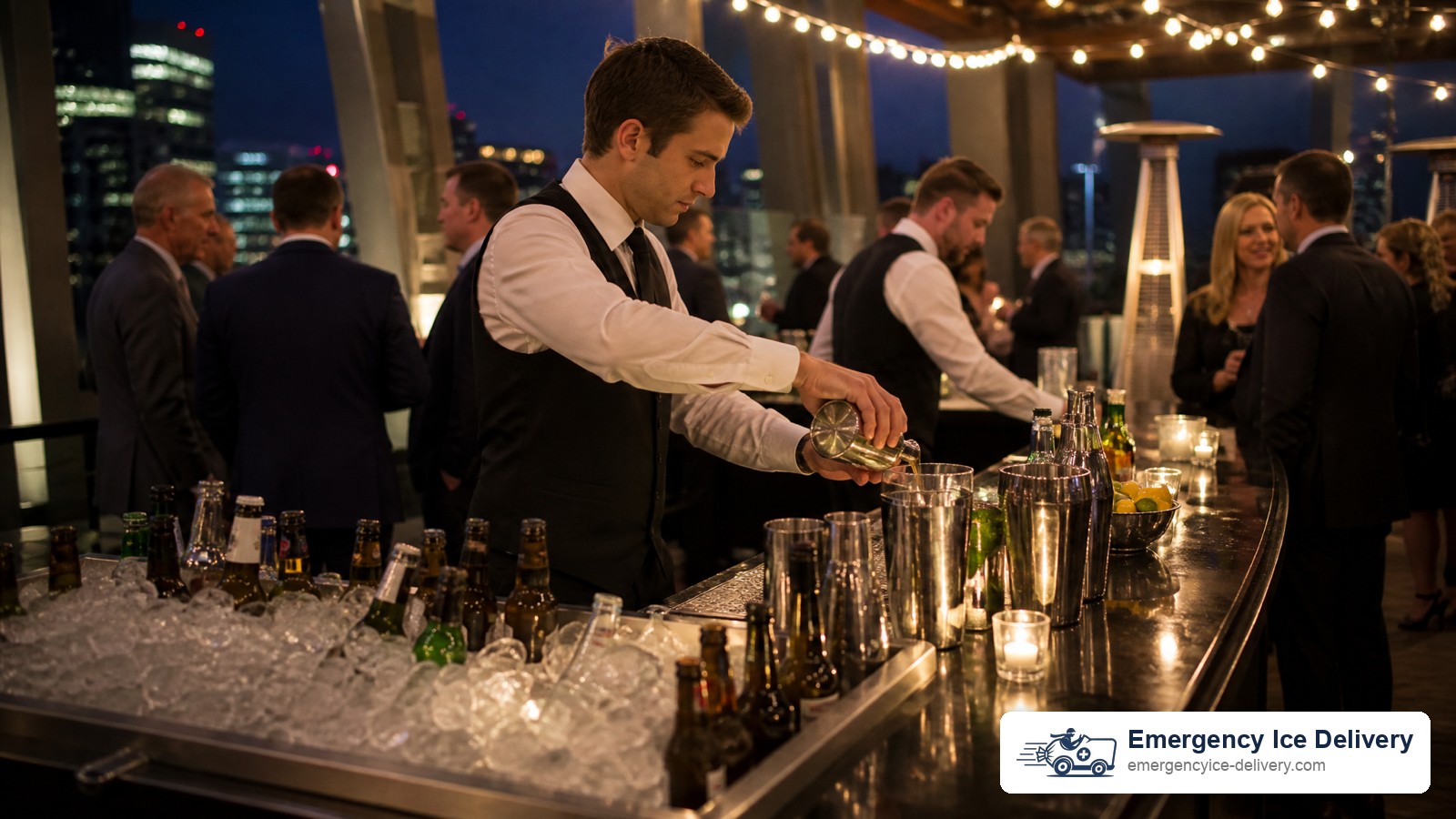 Corporate event bar setup running smoothly with ice delivery