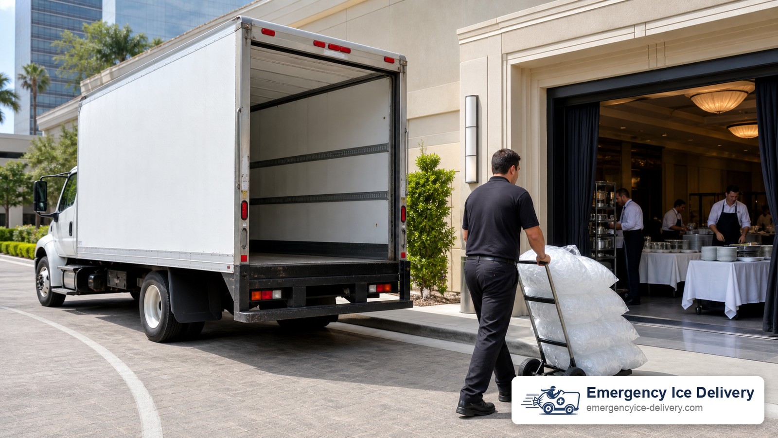 Emergency Ice Delivery truck unloading bagged ice at a corporate event venue loading dock
