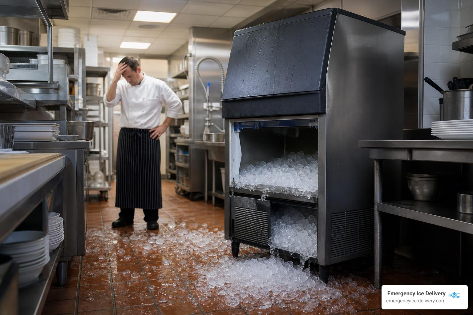 Broken commercial ice machine in a busy kitchen