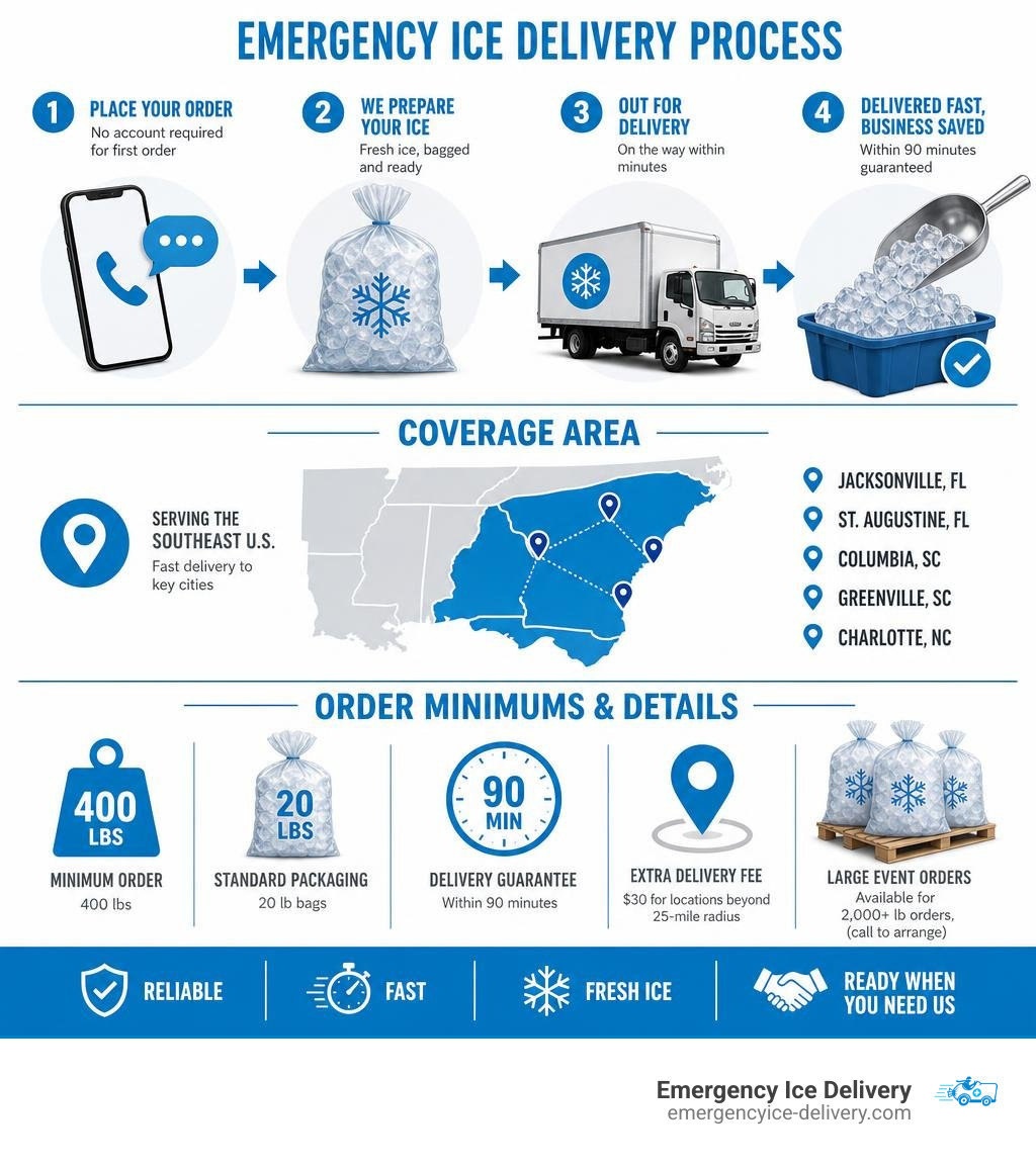 Infographic showing emergency ice delivery process steps, coverage area, and order minimums