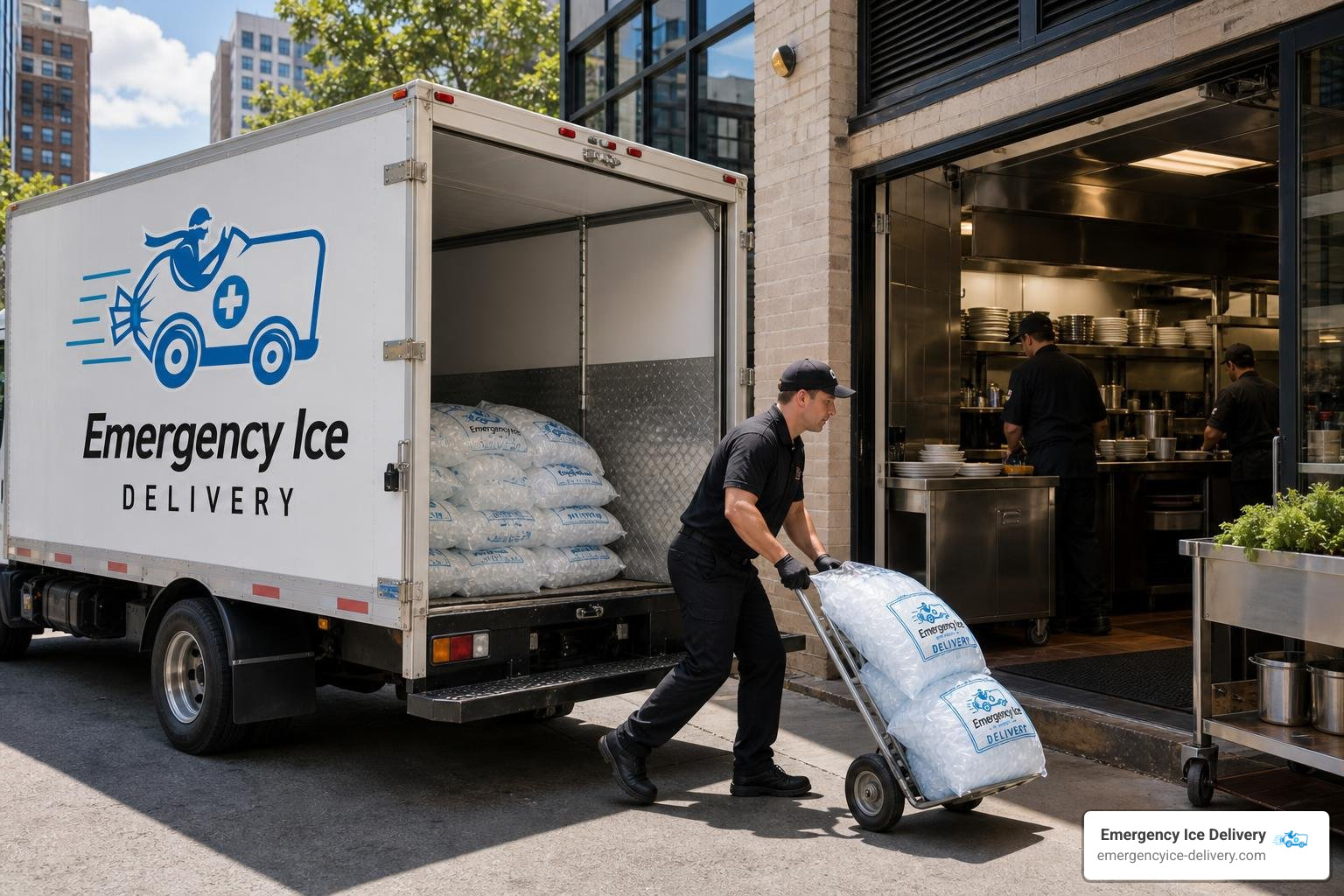 Emergency ice delivery truck arriving at a commercial business