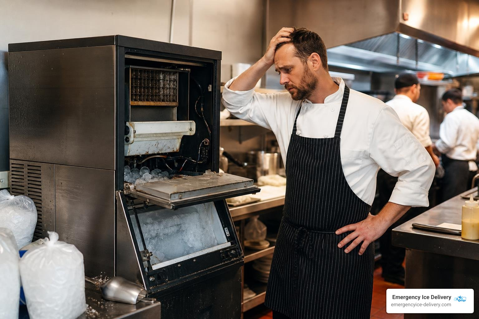 Broken commercial ice machine in a busy restaurant kitchen