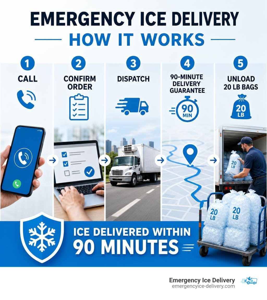 Infographic showing emergency ice delivery process: call, confirm order, dispatch, 90-minute delivery guarantee, unload