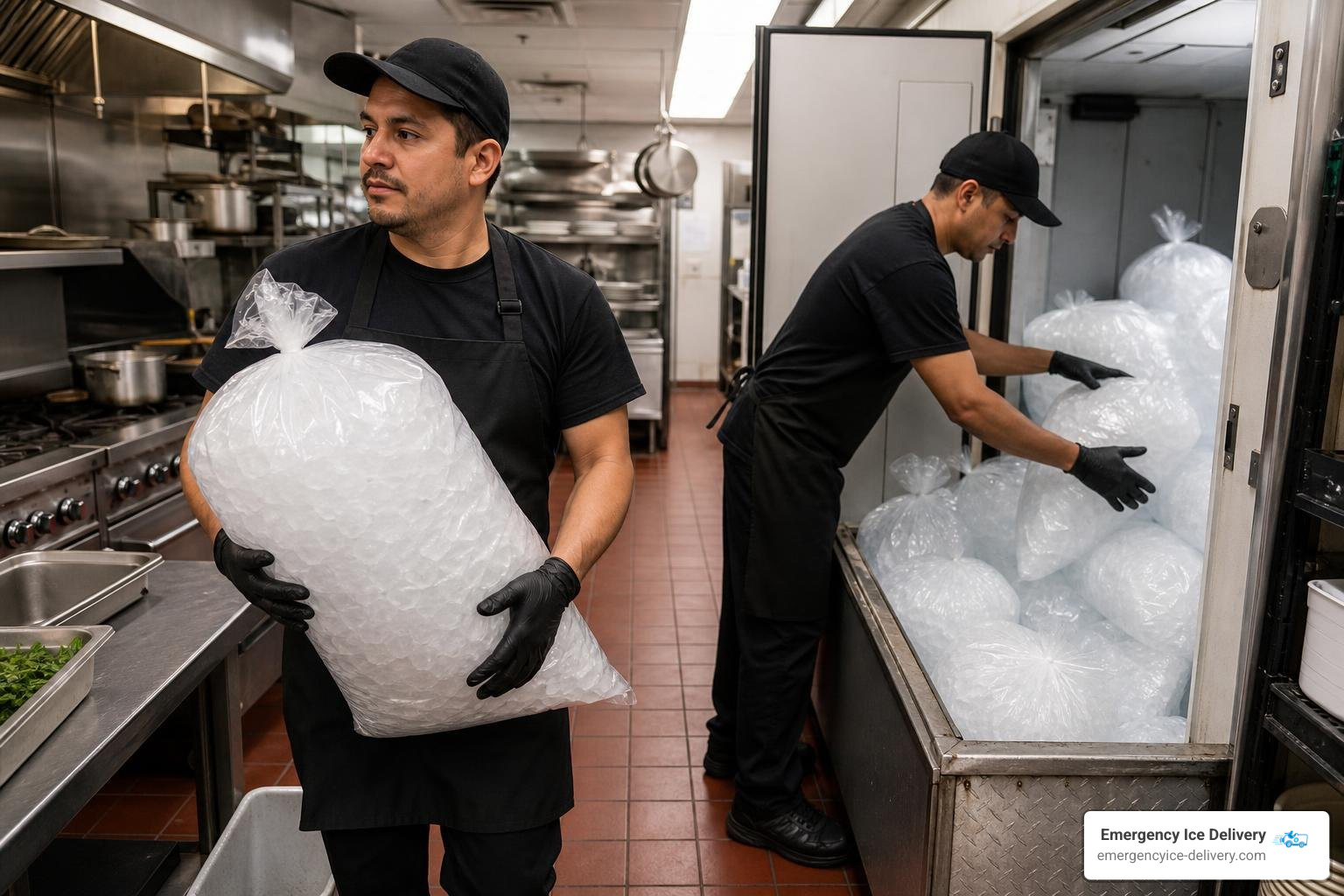 Commercial kitchen staff handling clean bagged ice
