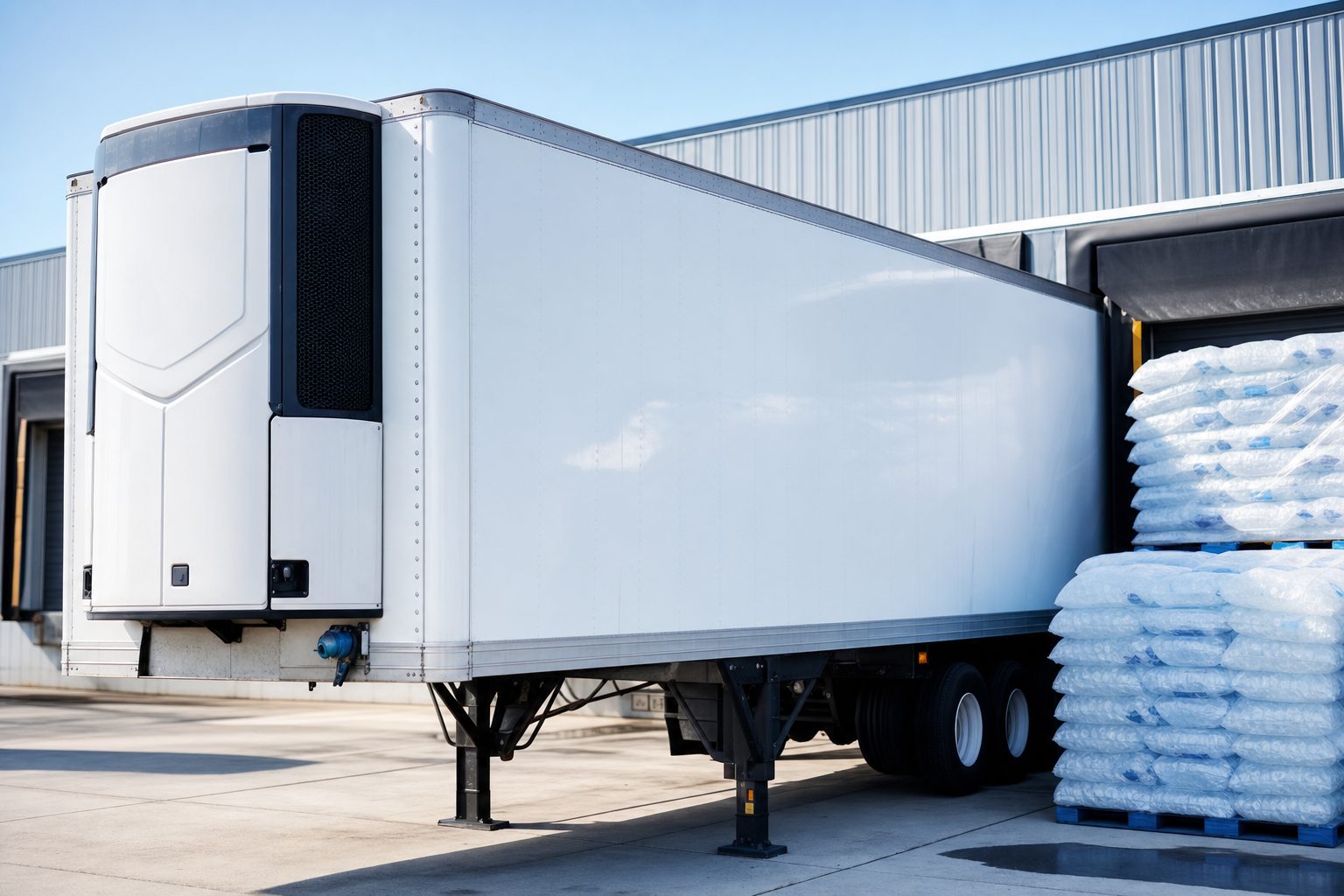 A white refrigerated cargo trailer parked beside stacks of bagged ice at a loading dock