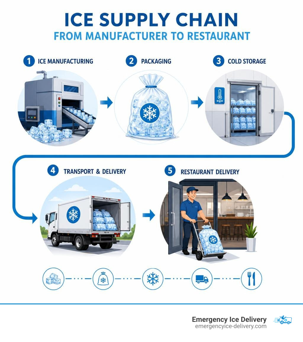 Ice supply chain from manufacturer to restaurant delivery infographic