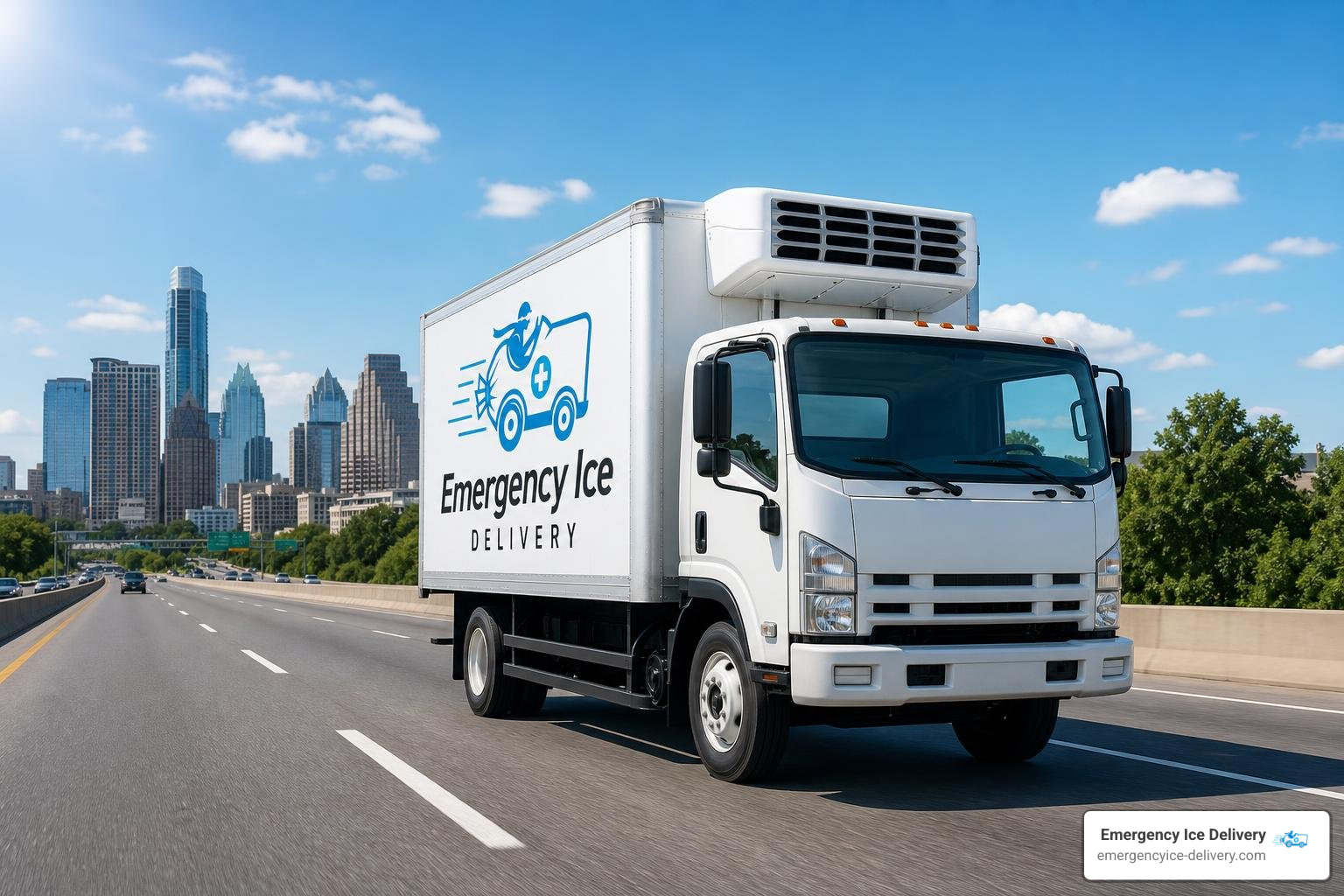 Emergency ice delivery truck on the way to a client