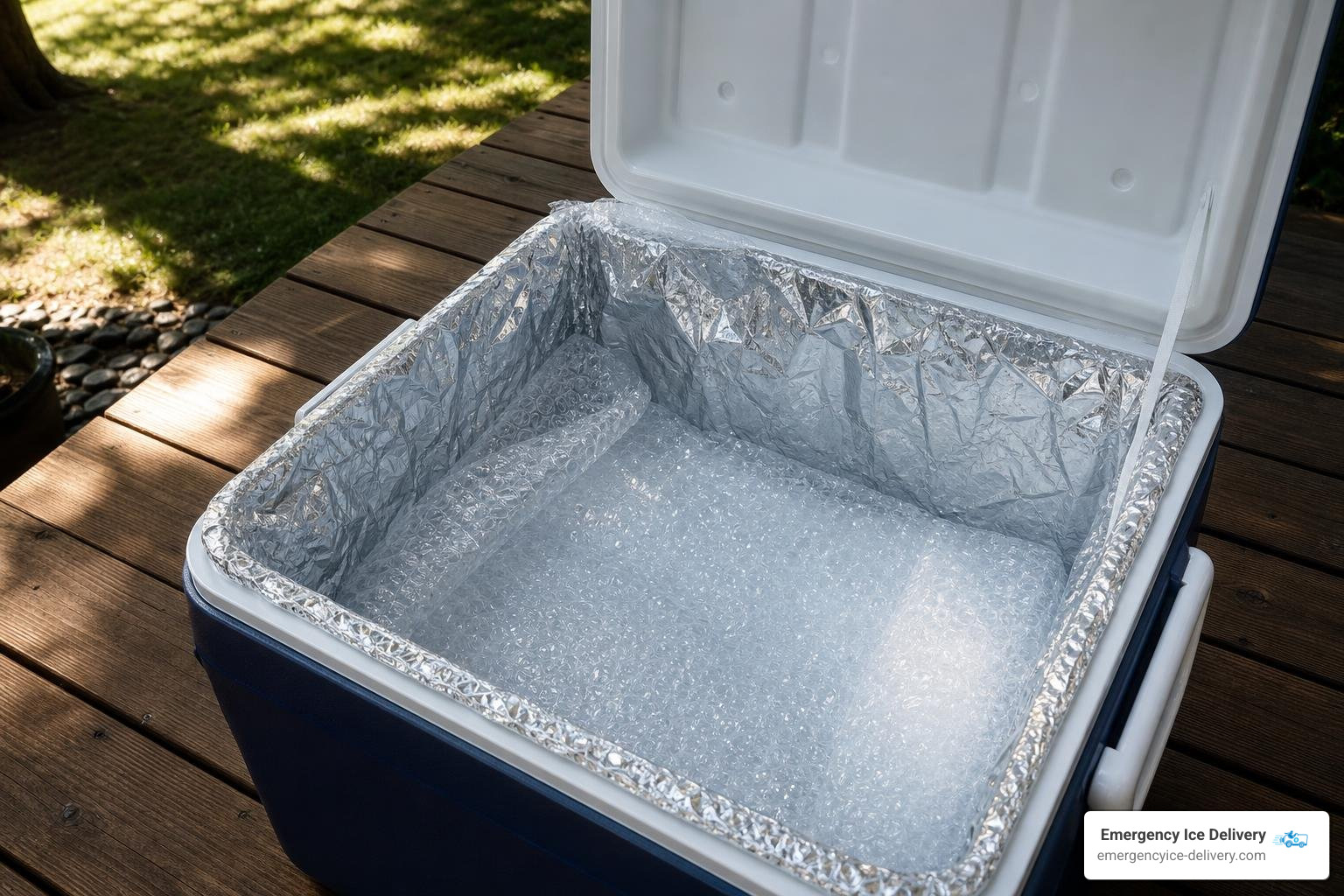 A cooler lined with foil and bubble wrap to maximize ice retention