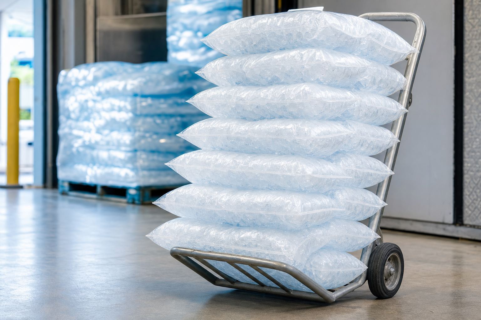 Bags of ice stacked on a delivery dolly in a warehouse, ready to go