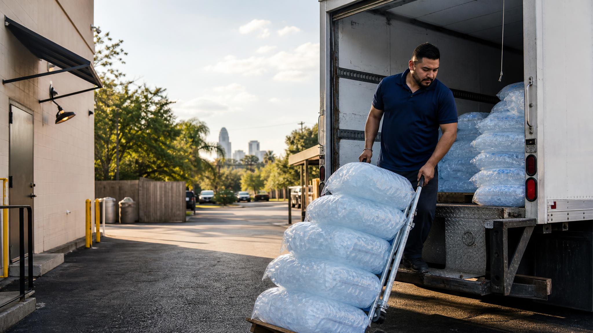 Delivery worker unloading sealed 20 lb bags of ice from a box truck at a restaurant's back service entrance