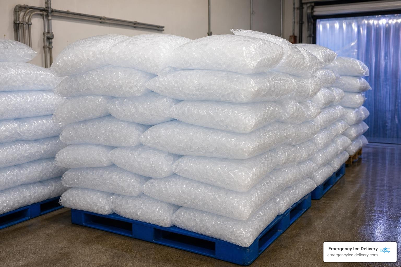 Stacked bags of commercial ice ready for delivery