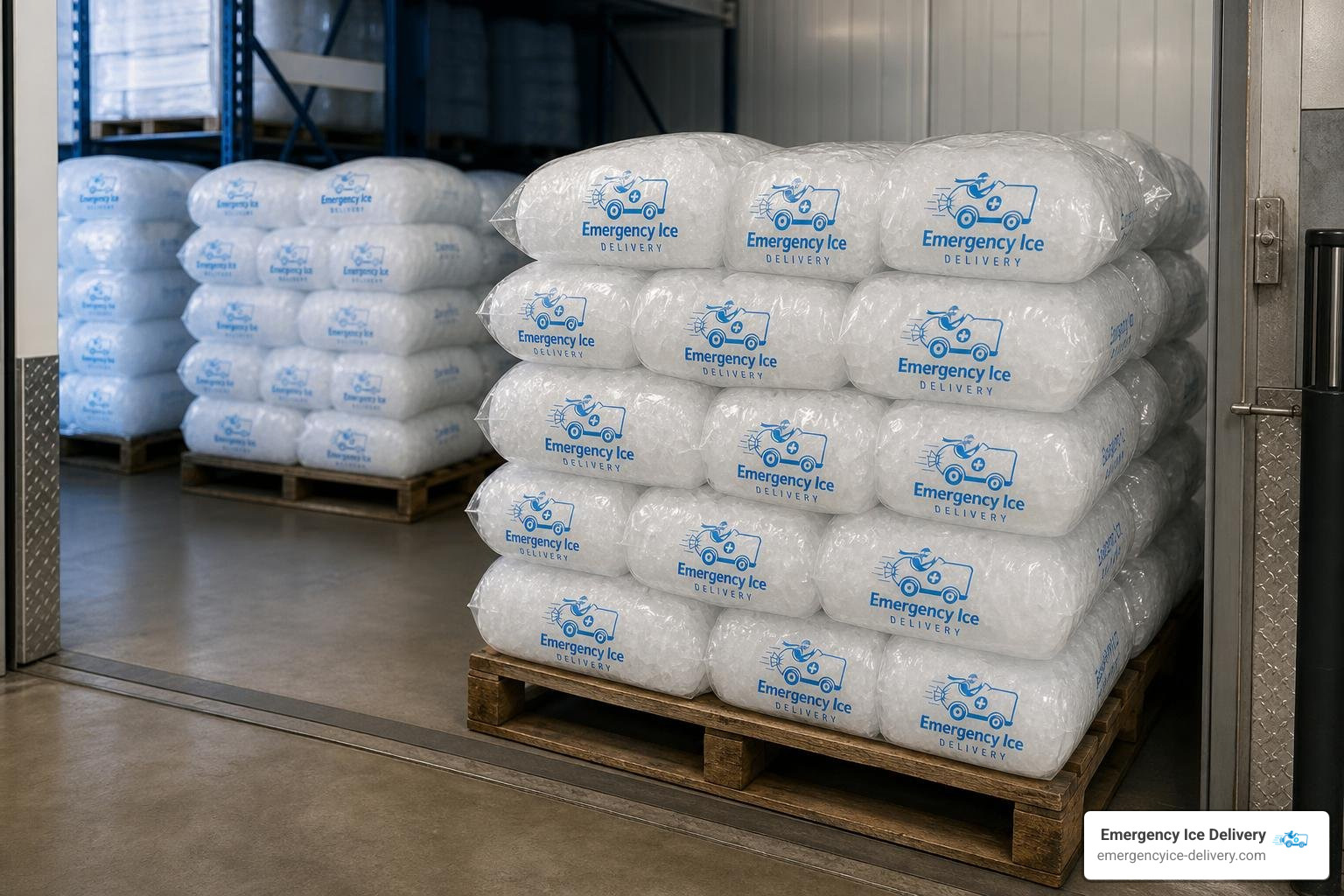 20 lb ice bags stacked ready for event delivery