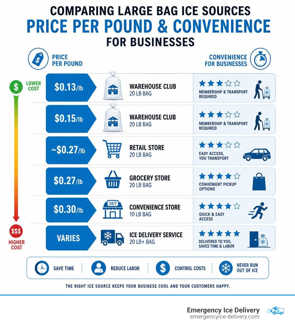 Comparison infographic of large bag ice sources by price per pound and convenience for businesses