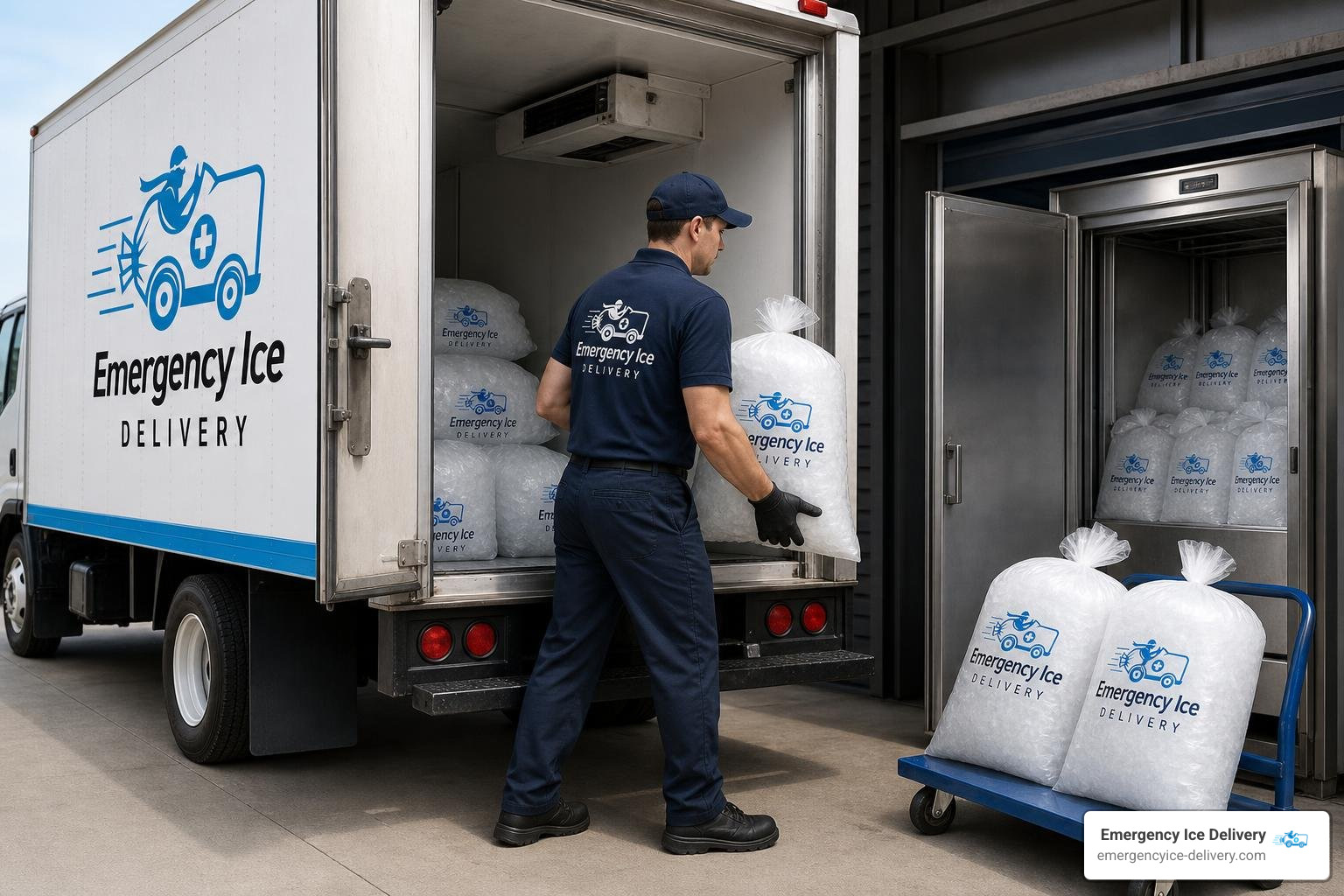 Refrigerated ice delivery truck loading commercial bagged ice