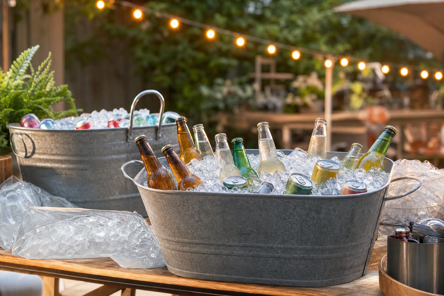 Outdoor party beverage station with ice-filled drink tubs holding canned and bottled drinks