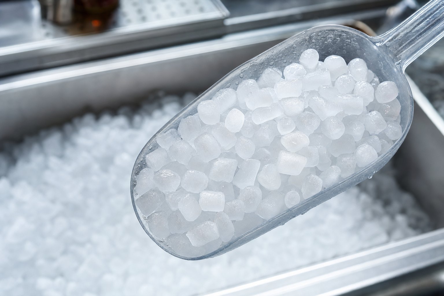 A scoop of chewable pellet ice over a bar beverage station