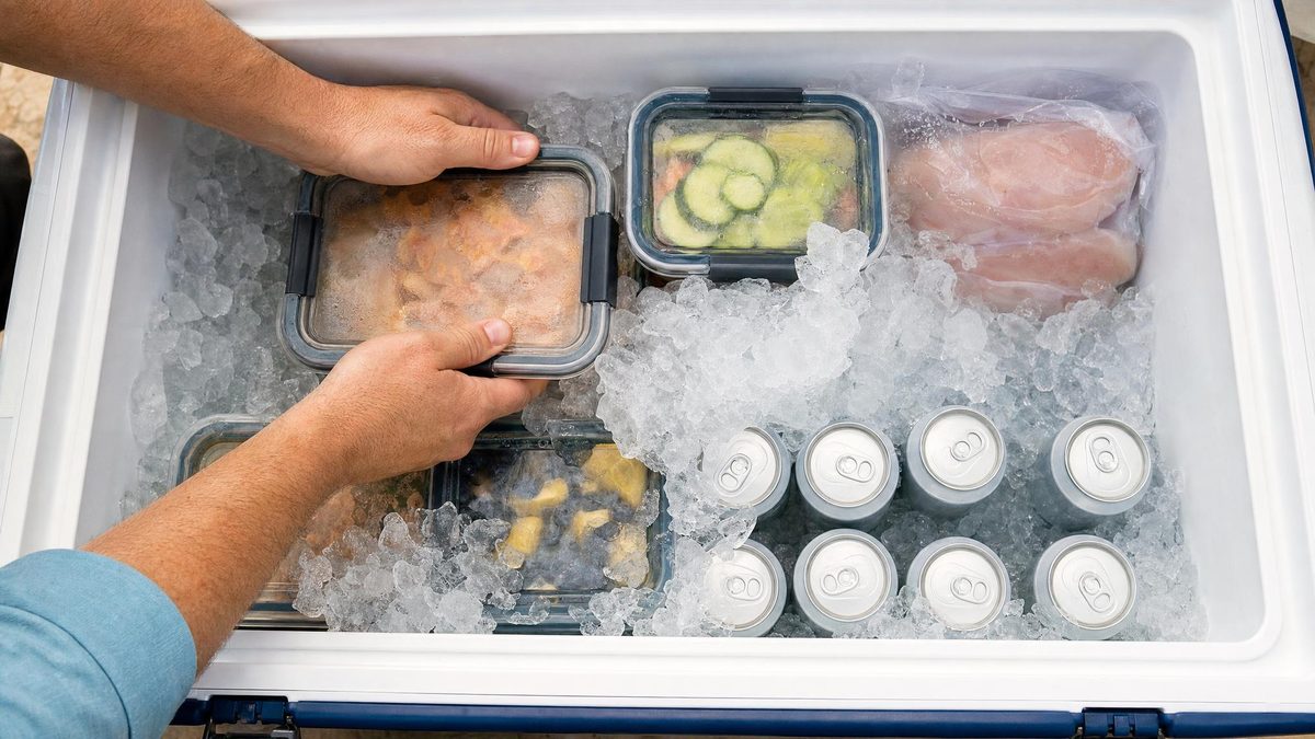 Cooler being packed in layers with ice and sealed food containers
